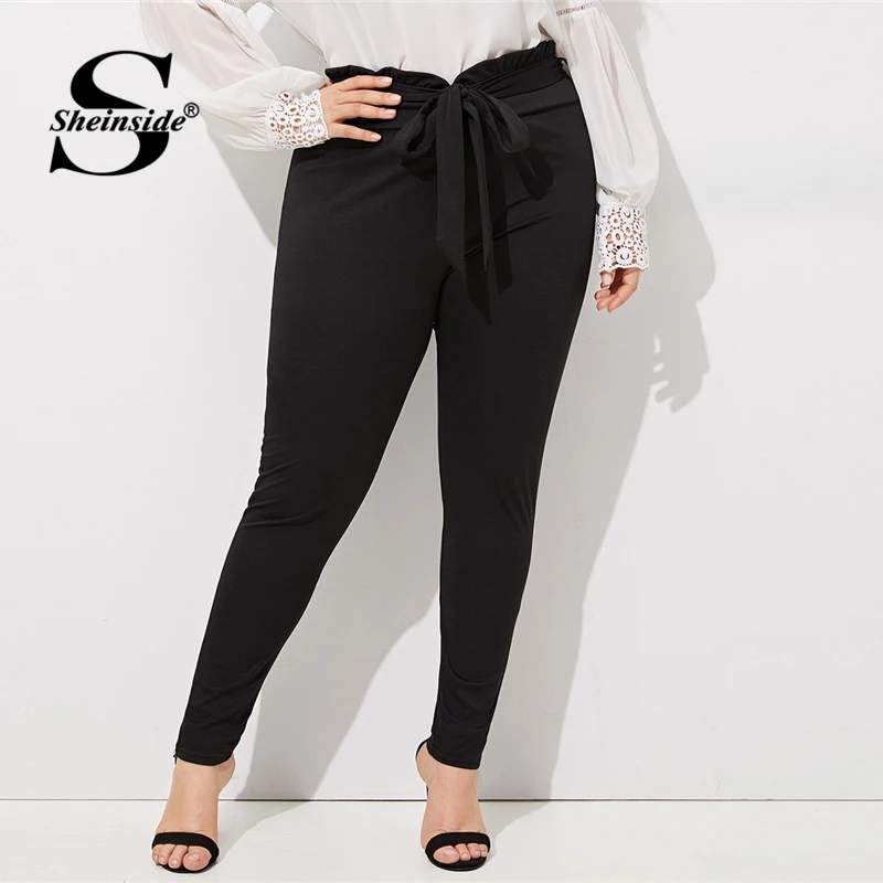 

Sheinside Plus Size Elegant Pleated Waist Skinny Pants Women 2019 Spring Mid Waist Belted Trousers Ladies Casual Carrot Pants