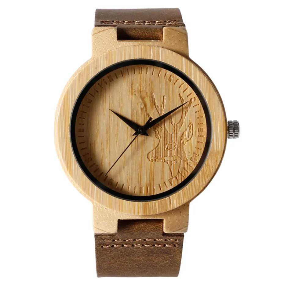 Creative Nature Minimalist Wood Bamboo Deer Head Brown Leather Quartz WristWatch Moose Analog Men Fashion Bangle Bracelet (5)