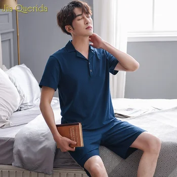 

2019 Summer Fashion Sleepwear Men 100% Cotton Pajama Men Set Short Sleeves Lapel Solid Navy Pyjamas Men Summer Sleep Suit Men
