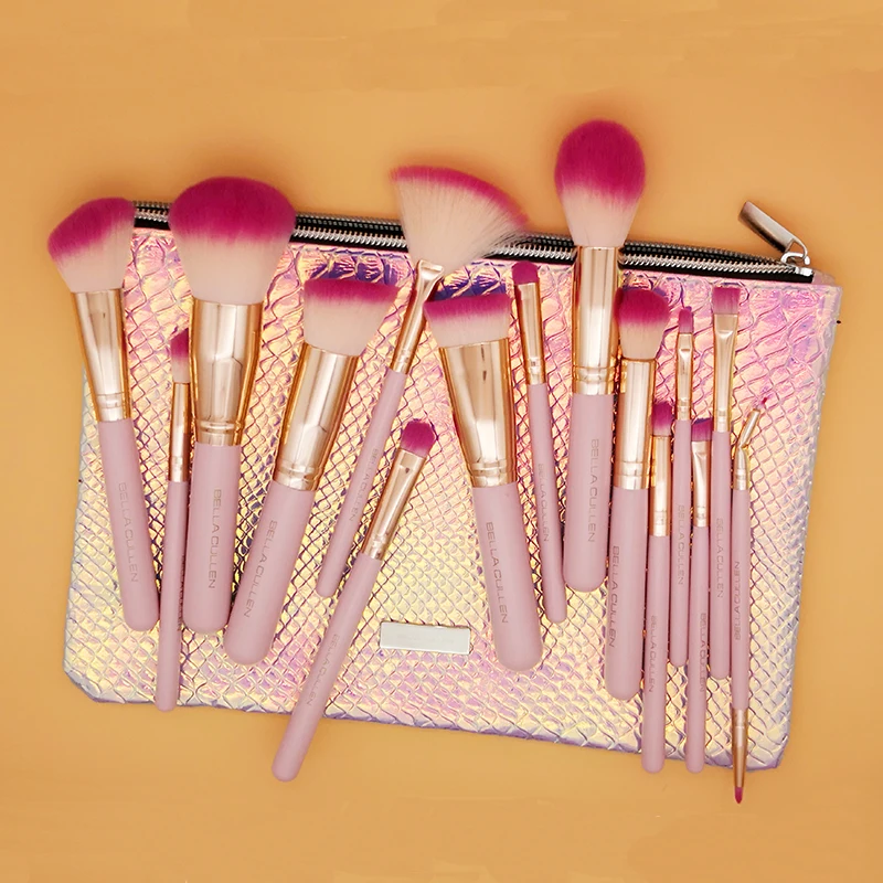 

BELLA CULLEN Brand Pro 15pcs Pink Gold Makeup Brushes Set Make Up Brushes Soft Synthetic Hair With PU Leather bag