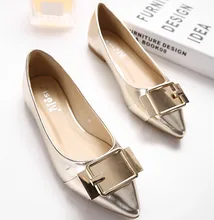 2016 Pointed Toe font b Women b font Flats Pu Leather Soft Sole Shoes Metal Buckle