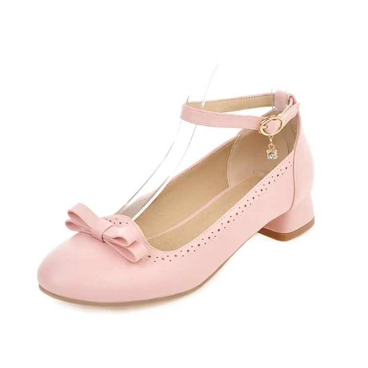 PXELENA/Лидер продаж года; новые осенние туфли мэри джейн на низком каблуке для девочек; милые вечерние туфли-лодочки с круглым носком и бантом; цвет белый, розовый; женские свадебные туфли-лодочки; 45 - Цвет: Розовый