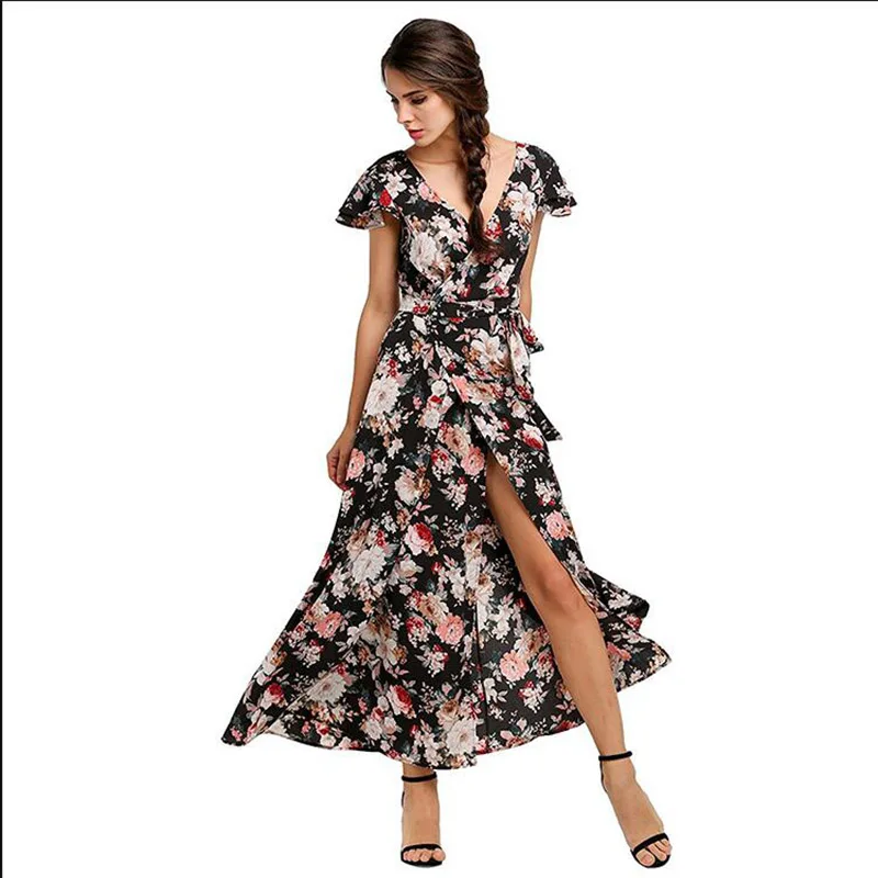 button split front flare maxi dress