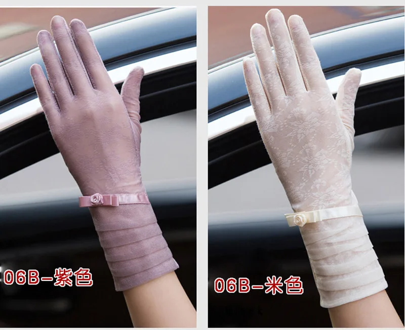 Сексуальные весенние летние женские короткие перчатки с УФ-защитой от солнца и сенсорным экраном, модные женские тонкие шелковые кружевные перчатки с жемчугом для вождения 06AB