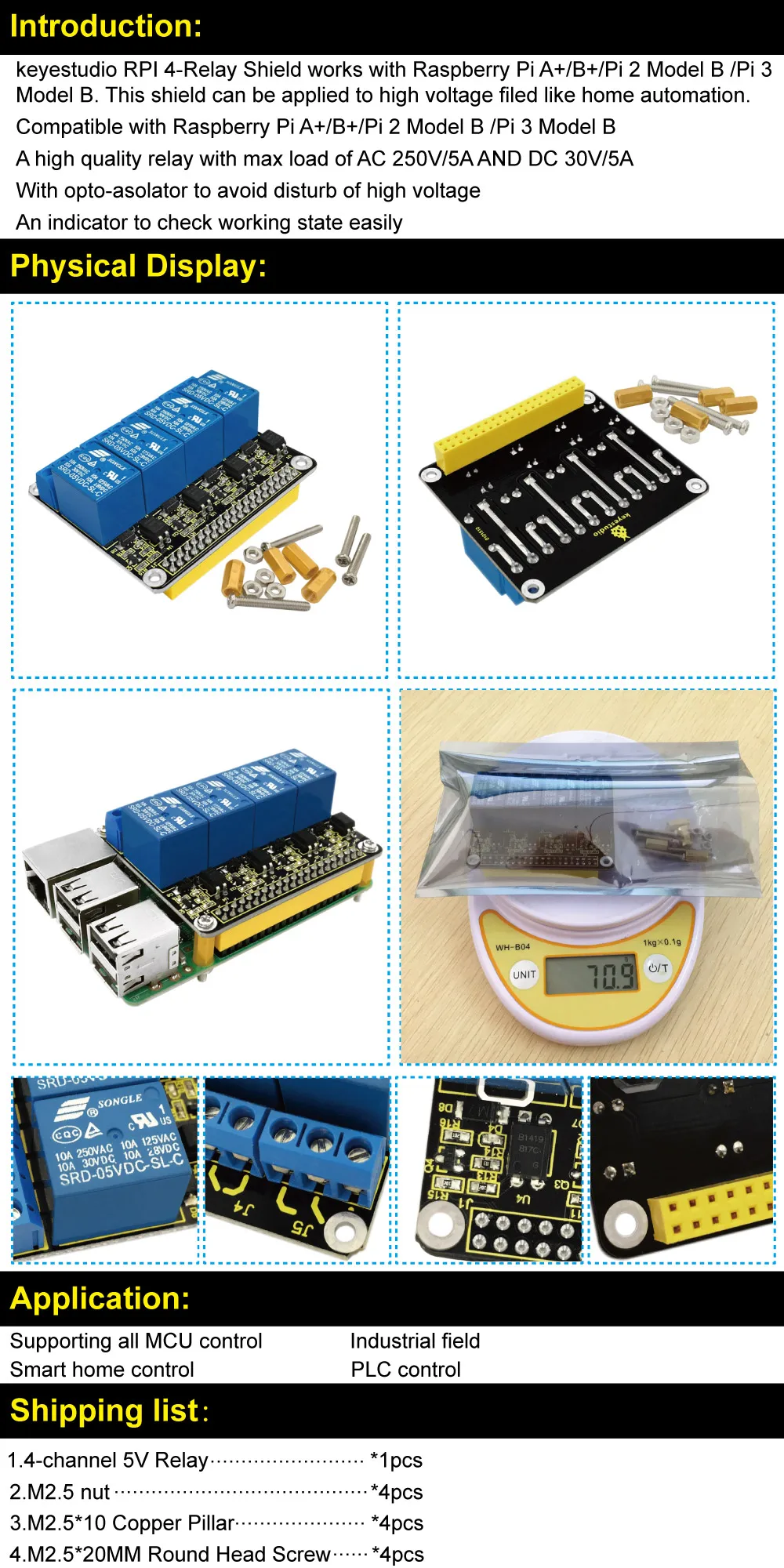 Keyestudio RPI 5V 4-канальный Релейный Щит для Raspberry Pi A+/B+/Raspberry Pi 2/Raspberry Pi 3 Модель B, удовлетворяющий стандартам ЕС/Сертификация