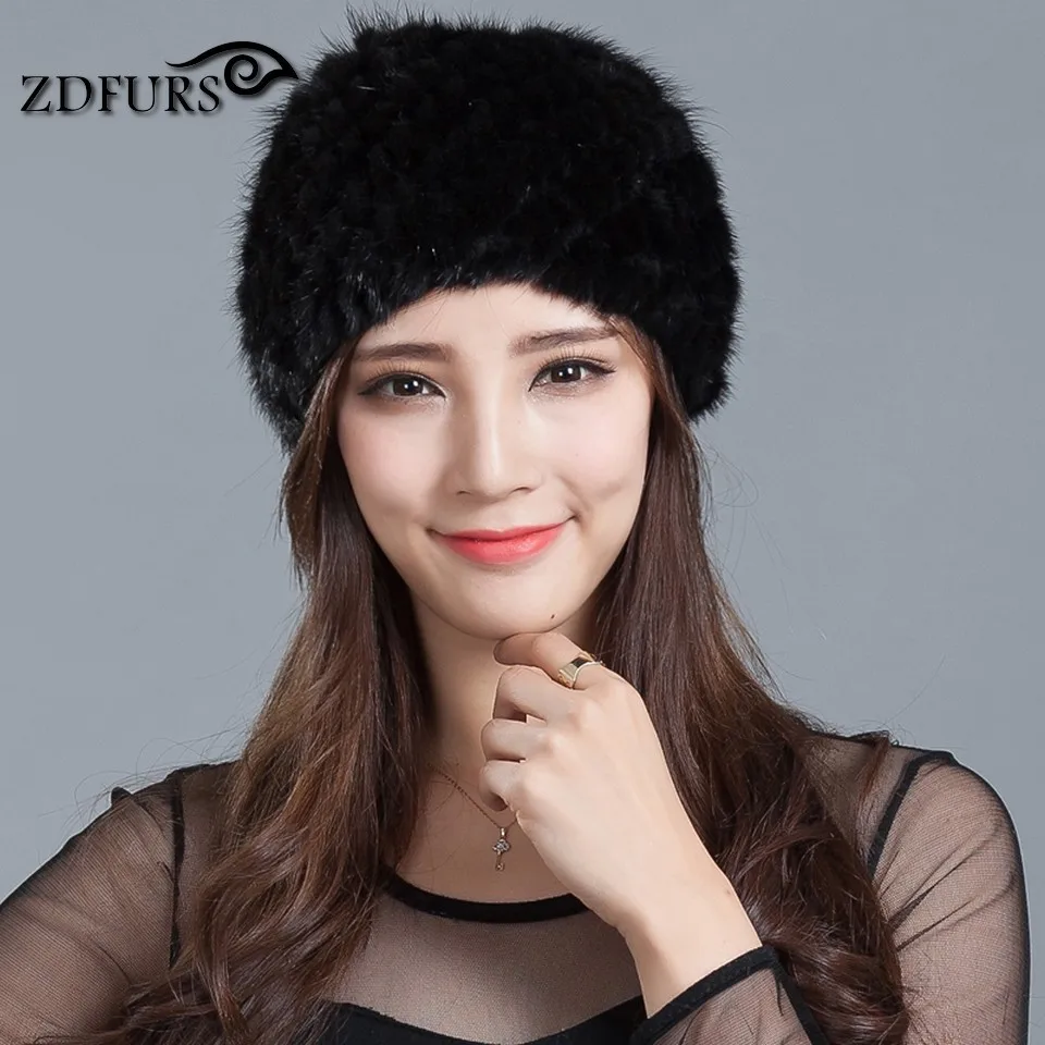 ZDFURS* женская шапка из натуральной шапочки с мехом норки из натурального меха норки модная норка меховая шапка для зимы - Цвет: black