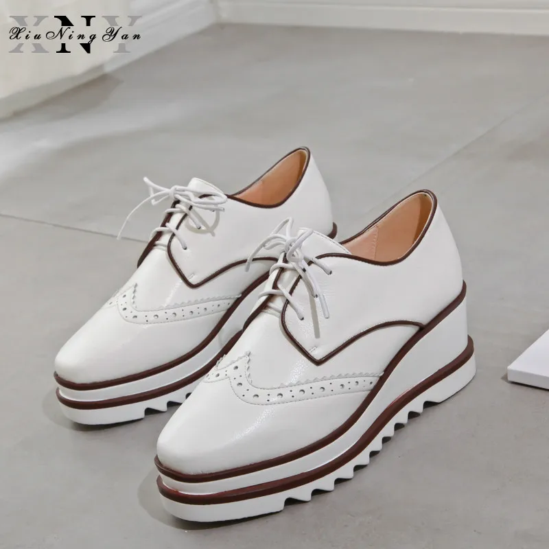 

Xiuningyan British Style Women Sneakers Square Toe Wedges Shoes Flat Platform Flats Genuine Leather Ladies Footwear Casual Shoes