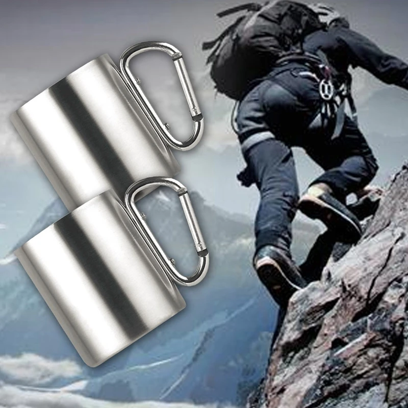 

1Pcs 2019 330ml Stainless Steel Cup Camping Traveling Outdoor Double Wall Mug With Carabiner Hook Handle Travel Tumbler Cup