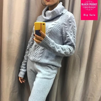 

Cashmere + Woolen twist Knit warm sets high collar Velvet Sweater + Mink Cashmere Trousers Leisure Two-piece elastic suits wq110