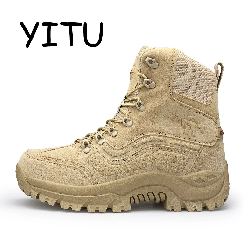 YITU мужские военные тактические ботинки для пустыни, мужские уличные водонепроницаемые походные ботинки, кожаные кроссовки, спортивная обувь для альпинизма, кемпинга - Цвет: Khaki