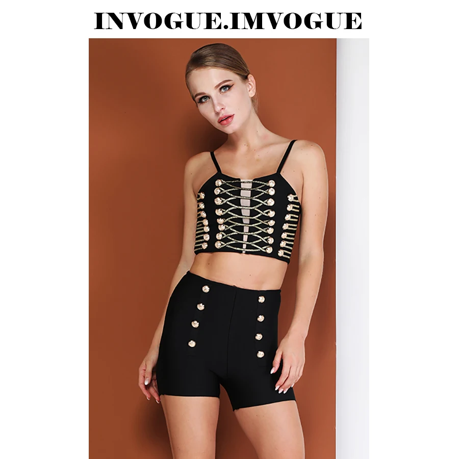 

INVOGUE . IMVOGUE 2019 New Arrival Fashion Button Design Off The Shoulder Spaghetti Strap Bandage Two-piece Set