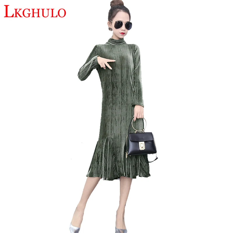 

Autumn Winter Gold Velvet Dress 2019 Big Size Long Sleeves Turtleneck Elegant Dress Casual Retro Vintage Party Dresses W666