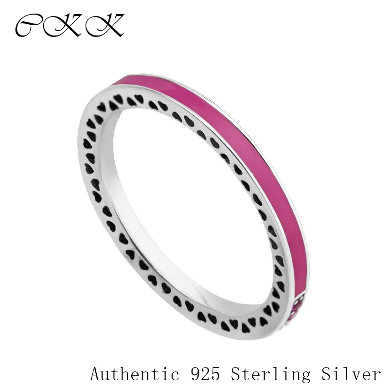 

Authentic 925 Sterling Silver Radiant Hearts Ring With Radiant Orchid Enamel & Cerise Crystals for Women DIY Fine Jewelry SR100D