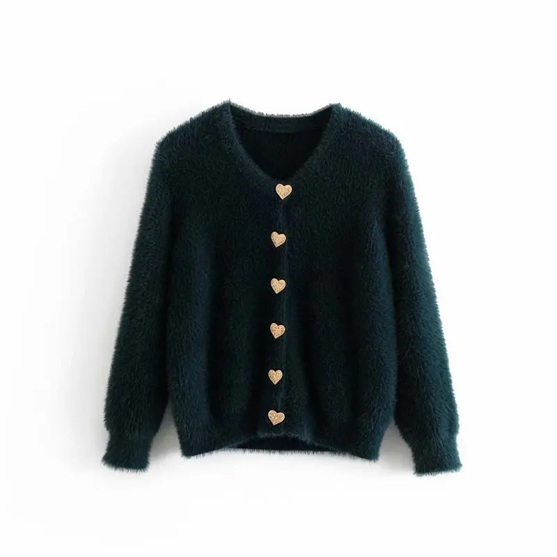 

Korea Style Women Solid Heart Buttons Coat Spring Warm Sweater V-Neck Ladies Long Sleeve Sweet Elegant Coat Sweater