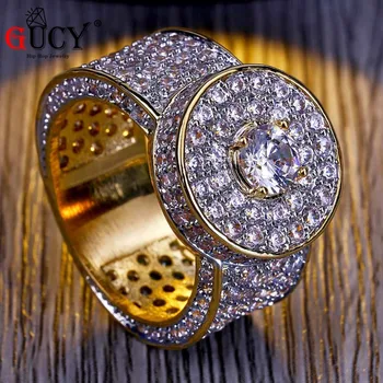 

GUCY Hip Hop Rings Gold Color Plated All Iced Out Big Stone Micro Pave Cubic Zircon Stones Ring Charm Jewelry For Men. Gift