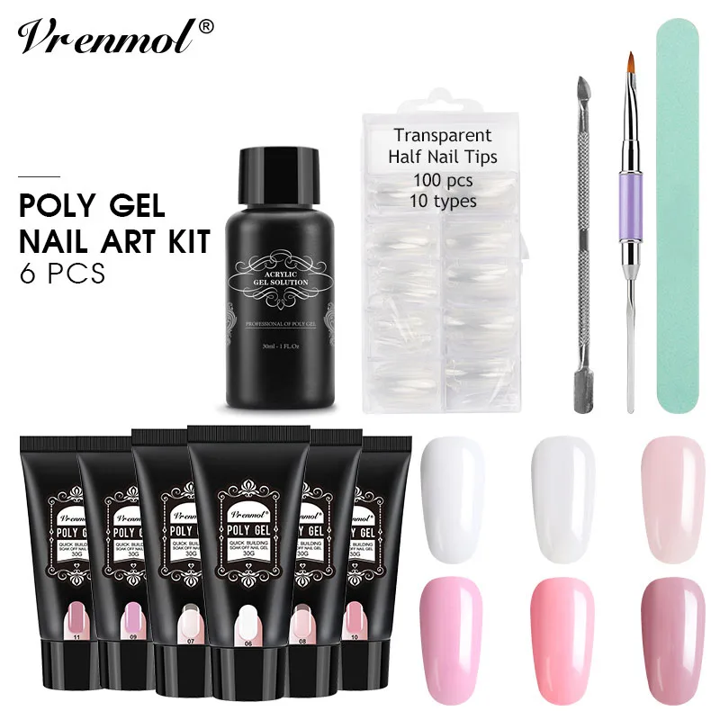 

Vrenmol 6pcs Poly Gel Set Polygel Quick Builder Fast Extension Camouflage Nail Slip Solution Double Head Brushes Pen