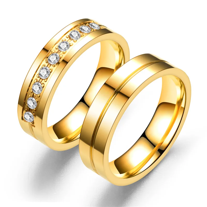 Новые Романтические 6 мм парные кольца из нержавеющей стали золотого цвета свадебные Кристальные кольца для влюбленных элегантные вечерние ювелирные изделия для помолвки