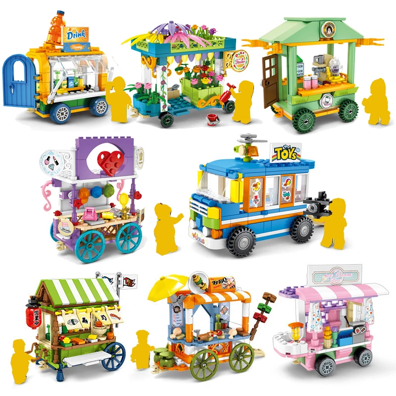 

Mini City Street Shop Sushi BBQ Cart Car Architecture Creator Building Blocks House DIY Bricks Figures Toys For kids
