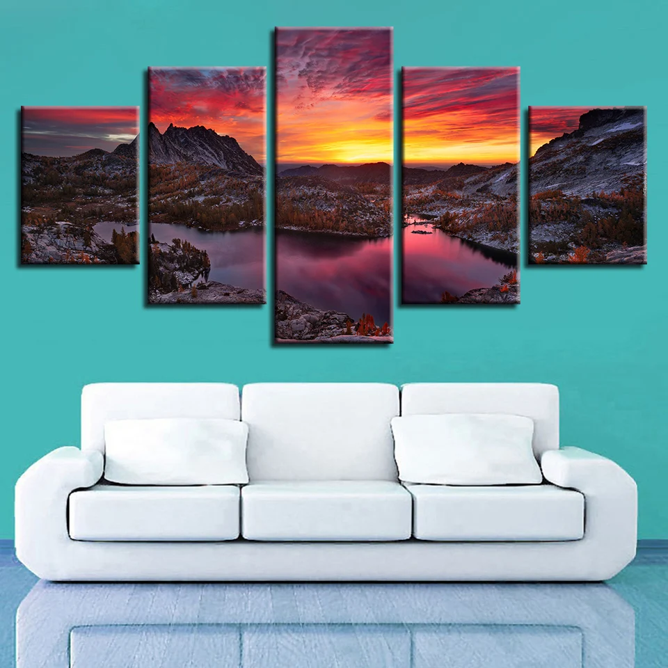 

HD Printing Natural Landscape Pictures Decor Room 5 Pieces Lake Mountain Sunset Canvas Paintings Modular Framed Posters Wall Art