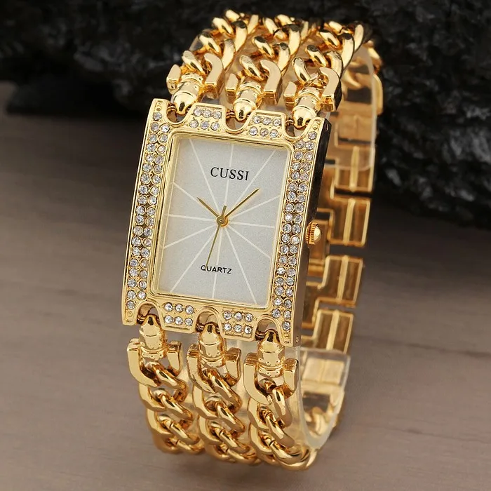 

New Women Watch Luxury Wrist Watch Analog Quartz Watches Stainless Steel Fashion Rhinestone Bracelet Three Chains Gifts Gold