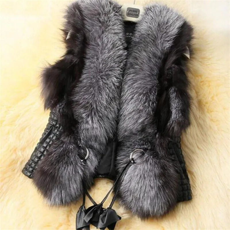 

Europe and United States Short Female Simulation Fur Vest Jacket Large Size S-4XL Tie Fox Fur Collar pu Stitching Vest