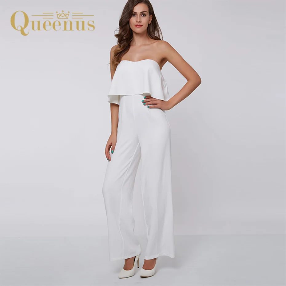 Queenus 2017 Women Summer Jumpsuit Strapless Wide Leg Elegant Business