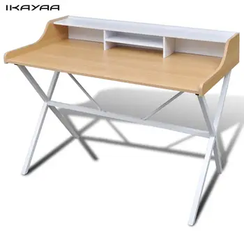 

Natural Wood Workstation Computer Desk Modern Design Elevated Built-in Shelf Feature 4 Compartments MDF+Powder Coated Iron Legs