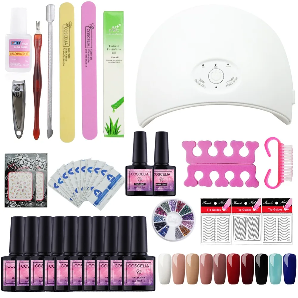 

COSCELIA Nail Art Set Soak Off UV Gel Polish 40 colors Manicure set Curing LED Lamp Dryer & Base Top Set Nail Gel Nail Tools Kit