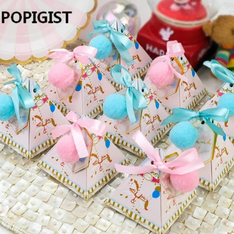 

Triangular Christening Baby Shower Blue/Pink cartoon horse Candy Boxes With Ribbon & Tags & Balls Baptism Party Gift box 10pcs