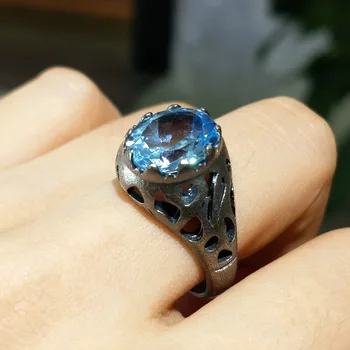 

FLZB , Classic big gemstone ring in 925 sterling silver with natural sky blue topaz oval 10*12mm with black plated cool man ring