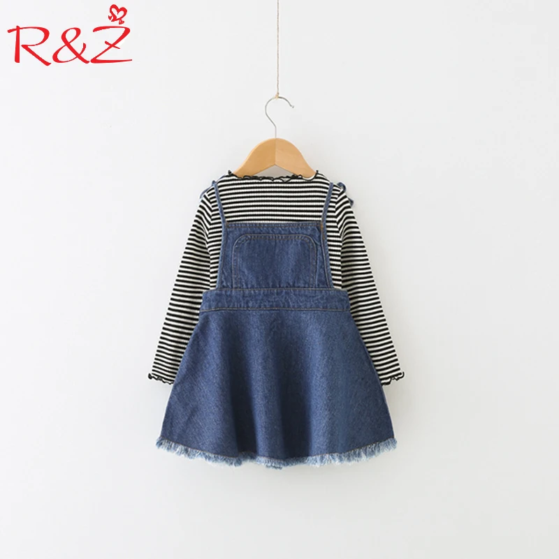 

R&Z Girls Set 2018 Spring New Korean Stripe Knitted Blouse + Cowboy Back Belt Trousers Two Suits for Kids Children's Clothing k1