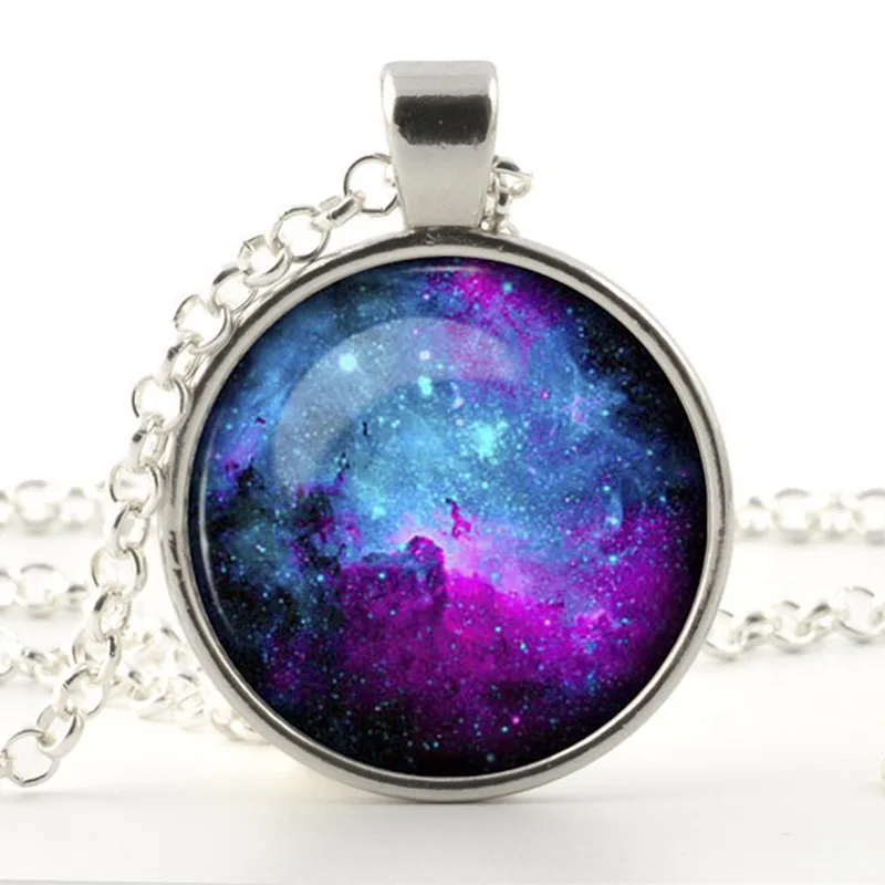 

Vintage Galaxy Universe Cabochon Tibetan silver Glass Chain Pendant Necklace