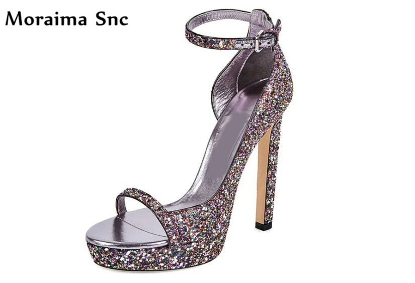 

Moraima Snc colorful bling pumps open toe high heel platform Ankle strap Buckle party shoes PU leather concise type party shoes
