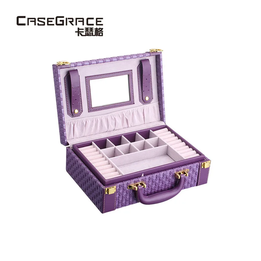 

Casegrace exquisite beige jewelry storage boxes leather woven 2 layers trunk shape organizer portable makeup storage bins 01122