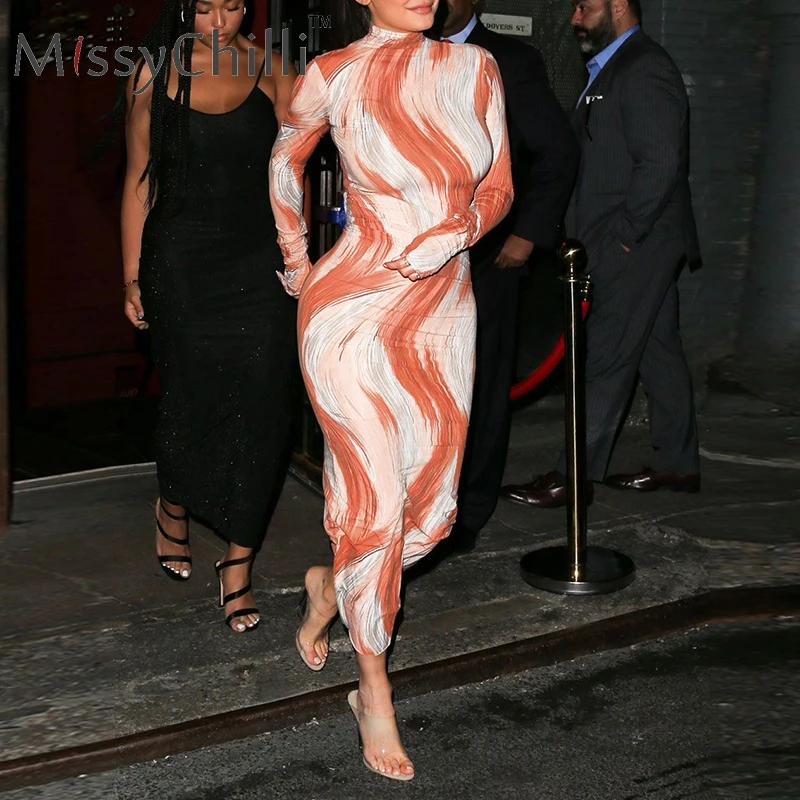 

MissyChilli Print long sleeve turtleneck maxi dress Women bodycon winter sexy dress Female slim fitness party dress robe vestido