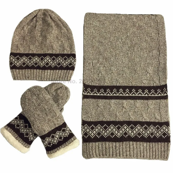 Новое поступление, шерстяные мужские шапки, шарфы, перчатки, три части, теплые, Осень-зима, высокое качество, мужской вязаный шарф, шапка и перчатки, наборы - Цвет: khaki set