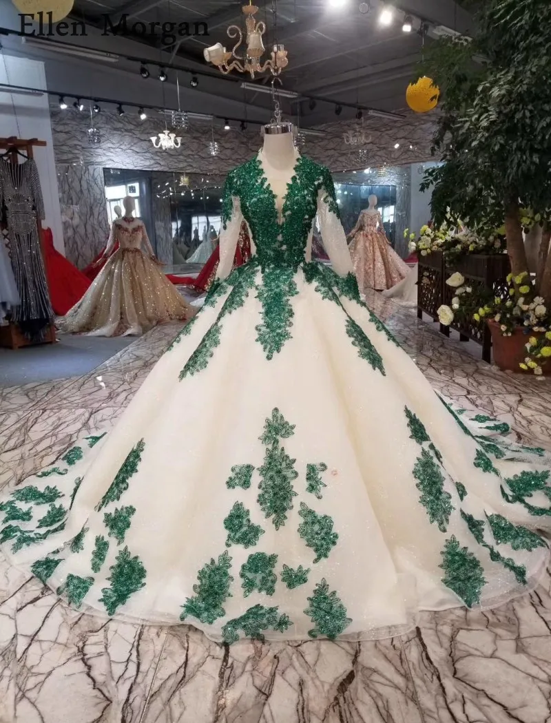 Блеск Ткань бальные платья свадебные 2019 богемный темно зеленый кружево бисером корсет суд Поезд одежда с длинным рукавом свадебные