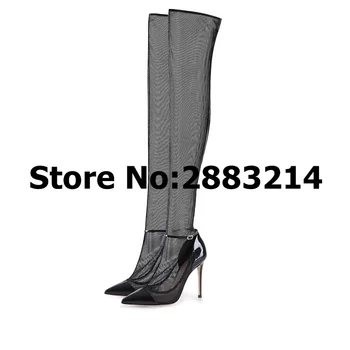 

Open Toe Women Stiletto Black Patent Leather Mesh Thin Heels Sandal Boots Shoes Pointy Toe Over The Knee Long Gladiator Boots