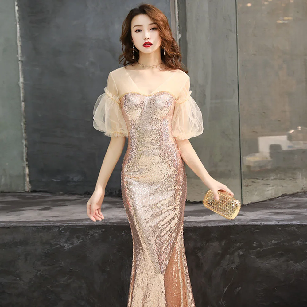 V-neck Sexy Evening Gown Luxury Long Celebrity Dress For Women Sequins Vestido De Noche Elegante Fishtail Robe De Soiree