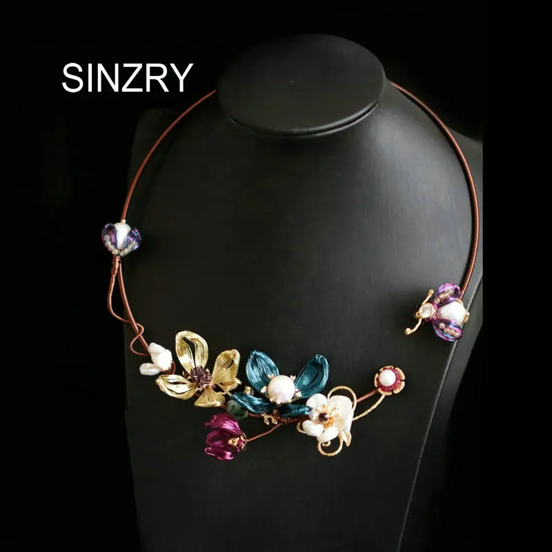 

SINZRY original design handmade natural freshwater pearl creative winding flower bee choker necklace band for Women jewelry Gift
