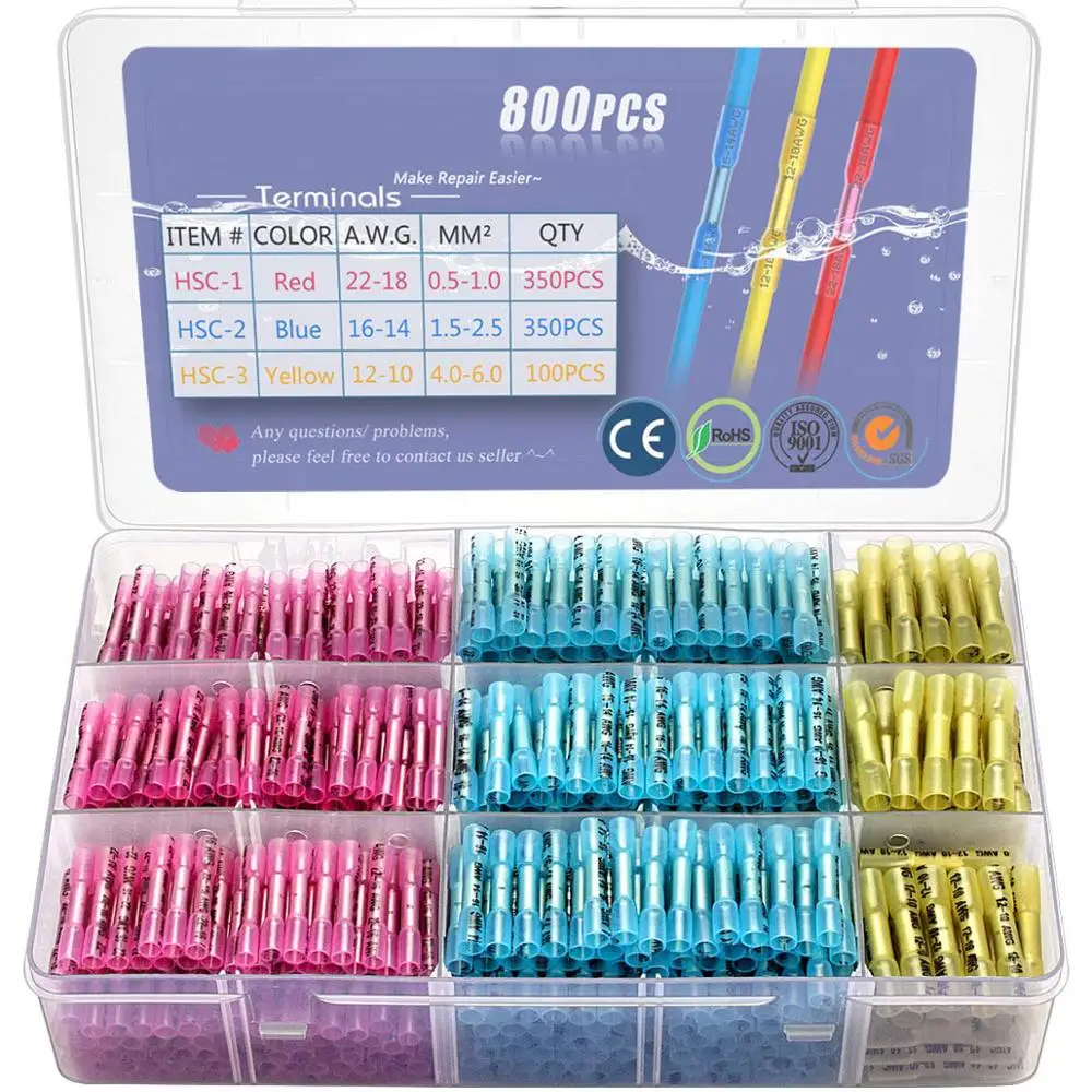 

800pcs Heat Shrink Butt Connectors,Waterproof Solder Sleeve Tube,Electrical Wire Insulated Butt Copper Crimp Wire Connectors Kit