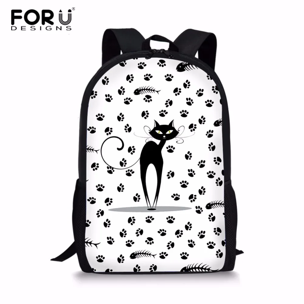 

FORUDESIGNS 16 inch Women School Bag Black Cat White Pattern Printing Polyester Shoulder Bags Large Capacity Bookbag for Girl