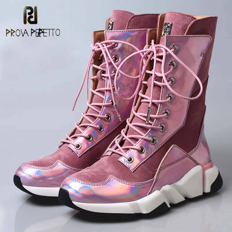 

Prova Perfetto 2019 Platform Flat Causal Shoes Women Short Boots Pink Suede Patchwork Mirror Leather Sneakers Boots Ankle Boots