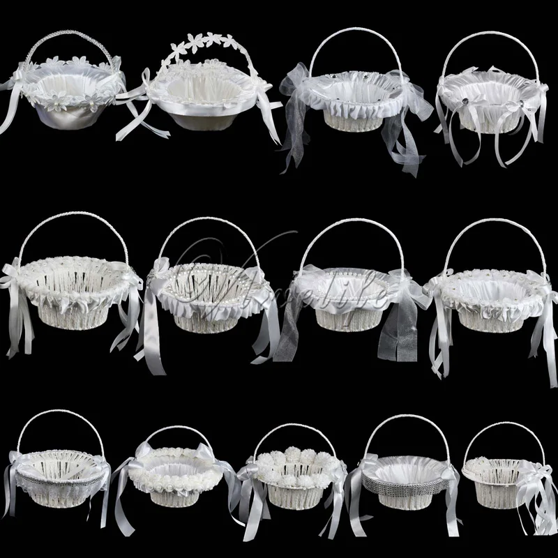 

White Wedding Basket Flower Girl Basket with Pearls Satin Ribbons Bow Rose FLowers Candy Basket Wedding Favors Decorations