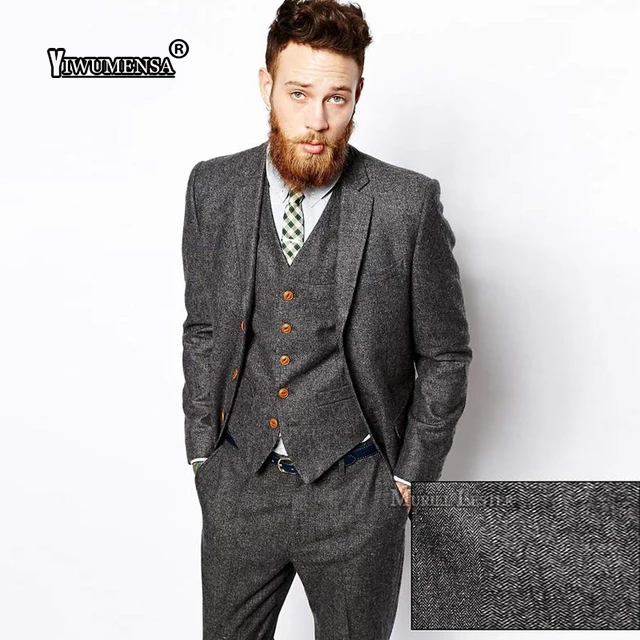 

yiwumensa New Latest Coat Pant Designs Mens Suits Tweed Herringbone Wedding Suits For Men Tuxedo Suits Grey/Brown Suit men 2017