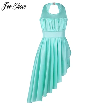 

Kids Girls Sleeveless Ruched Cutout Back with Clasp Irregular Hem Ballet Dance Gymnastics Leotard Dress for Summer
