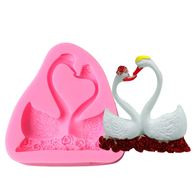 

3D Swan Couple Rose Shape Wedding Cake Silicone Fondant Cookie Baking Mold