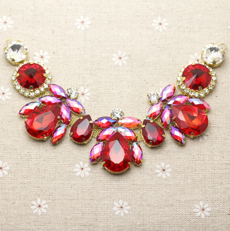 

18.5*4.3cm Glass+resin Red AB Colorful rhinestone applique Gold Base Rhinestone Chain Sew onWedding Party Dress Decoration