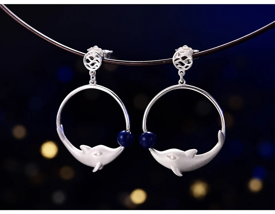 Muduh Collection Real 925 Sterling Silver Natural Creative Handmade Designer Fine Jewelry Joyful Dolphin Park Dangle Earrings for Women