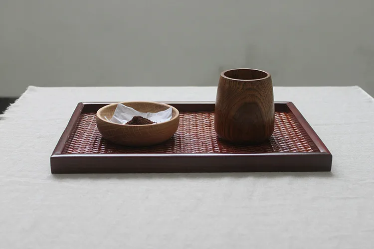 

1PC Japanese Style Vane Rattan Plaited Articles Wood Frame Serving Trays Bamboo Tea Fruit Plate LC 011